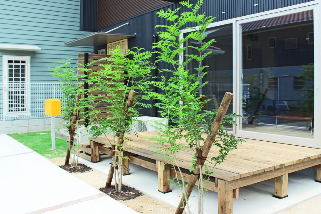 愛知県豊川市の地中熱住宅。シマトネリコのシンボルツリーとウッドデッキ。C値0.19の高性能住宅と調和する外構計画。